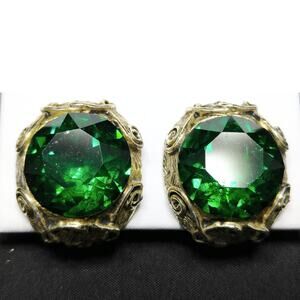 Vintage 1950s Green Rhinestone Brass Clip On Earrings Mid Century